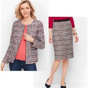 Talbots Adele Tweed Skirt Suit Size 6 Pink Braided Trim Jacket Pencil Skirt